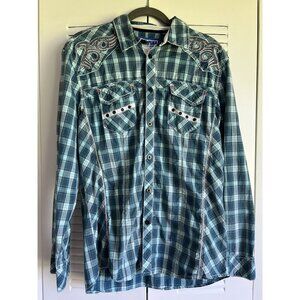 Austin Season Men's Medium Western Plaid Shirt With Embroidered Design Cowboy